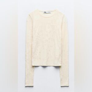 Zara Textured Sheer Knit Top Cream Long Sleeve Minimalist, size Medium